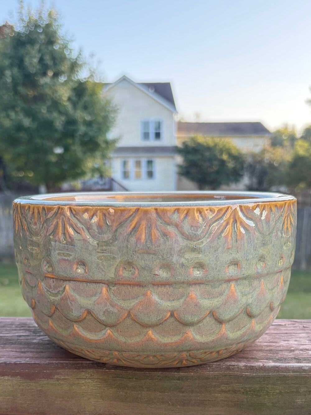 VTG USA Art Pottery Green Drip Glaze Planter Scalloped Relief MCM Bowl 7.75"